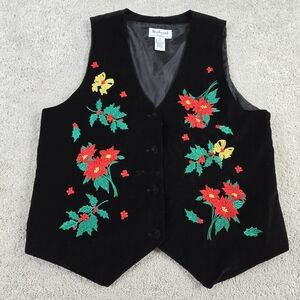 Vtg Velvet Christmas Vest Petite Medium Embroidered Holly Mistletoe Poinsettia